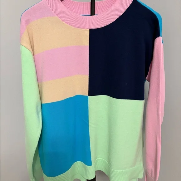 LANDS’ END Pastel Color-Block Crewneck Sweater | 2026 Dopamine Dressing Trend - Picture 2 of 9
